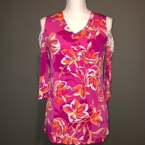 Susan Graver pink and orange floral tunic with open laced shoulders